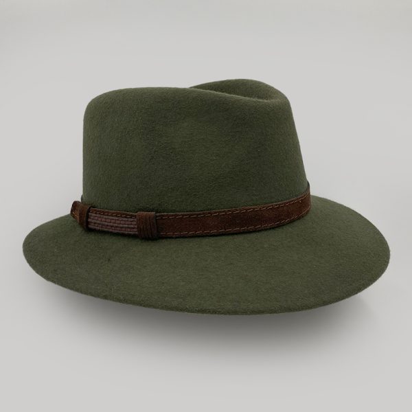 καπέλο μάλλινο λαδί olive female trilby feltwool leather AA9093